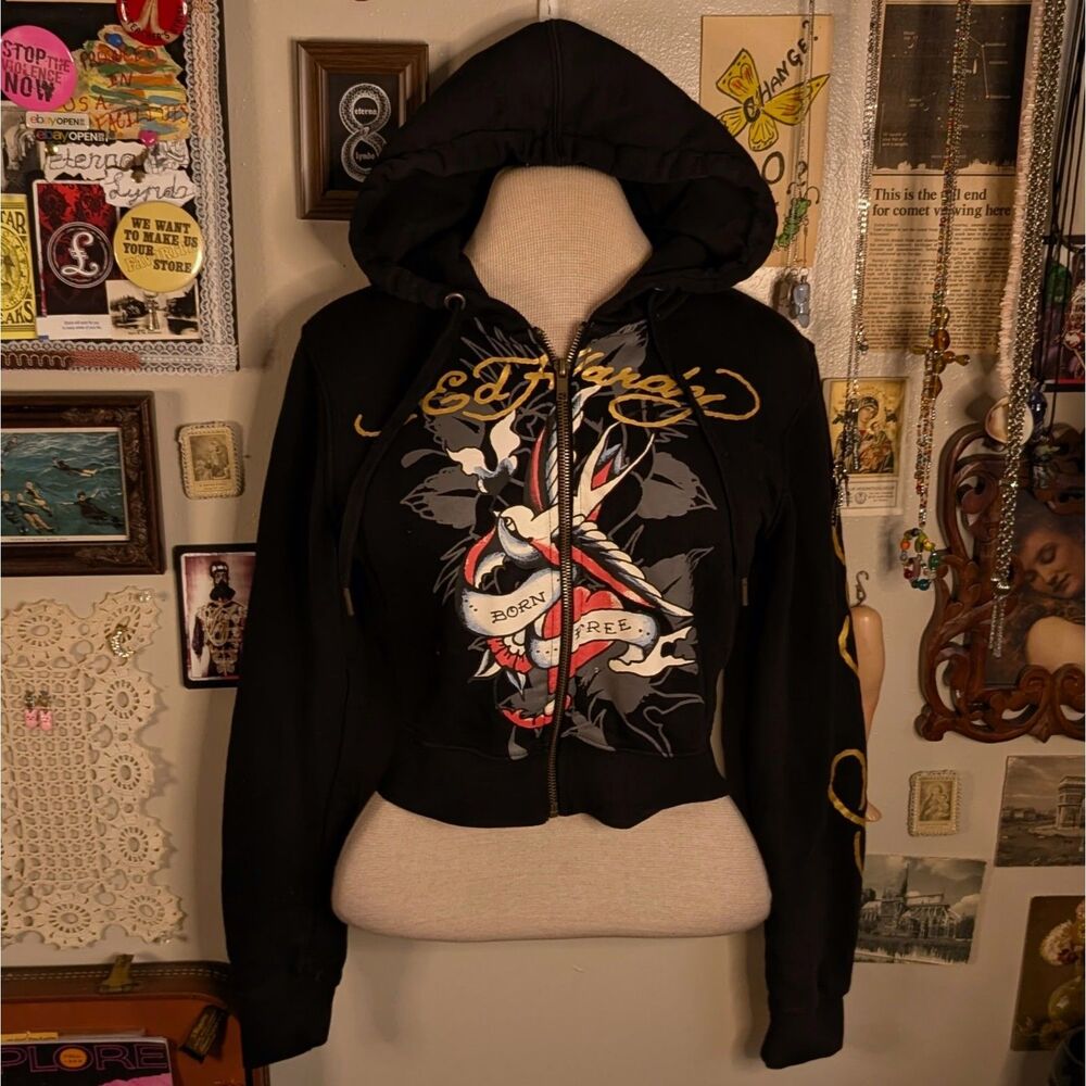 Ed Hardy Cropped Graphic Zip Up Hoodie Women's Medium Black